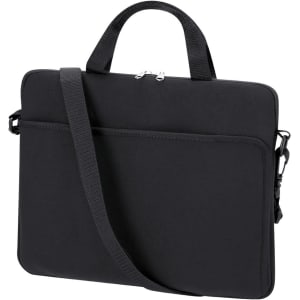 A sleek black laptop pouch with a handle and adjustable shoulder strap, featuring a front pocket and a logo.