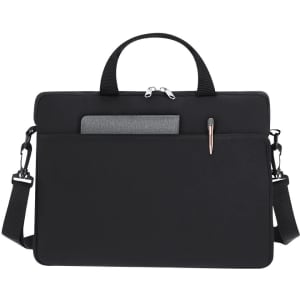 A black laptop pouch featuring a zip closure, brief handle, adjustable strap, and an exterior pocket with a pen holder.