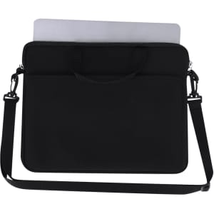 A black laptop pouch with a handle and detachable strap, featuring a slim design and padded interior.
