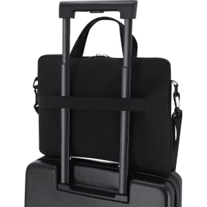 A black laptop pouch with handles and a detachable strap, positioned on a suitcase trolley frame.