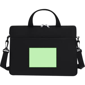 A black laptop pouch with a green inner panel and a shoulder strap, featuring a logo on the front.