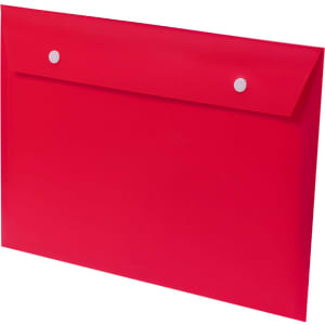 A bright red document holder with a button closure, suitable for holding papers and important documents.
