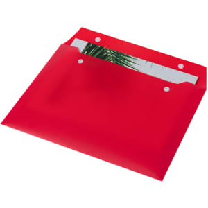 A red document holder with two pockets and a transparent front, featuring an internal image of a palm leaf.
