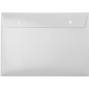 A white document holder with a flap and two button closures, designed for organising papers.