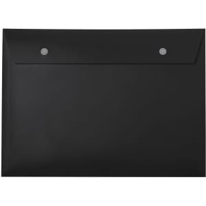 A black document holder with a flap and two fastening buttons, designed for office use.
