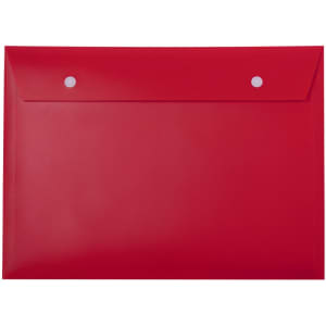 A red Gynster Document Holder with a clasp closure and two press studs, featuring a logo.