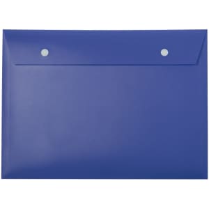 A blue document holder with a flat design and two button closures. Features a smooth, glossy finish and a logo.