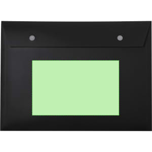 A black Gynster Document Holder with a green inner section and two fasteners at the top. It features a logo.