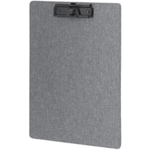 A grey clipboard with a black clip, designed for holding documents securely. It features a textured surface.
