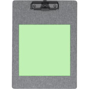 A grey clipboard with a green section and a clip at the top. Features a branding logo.