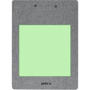 A grey compendium with a green insert, featuring two holes at the top and a logo at the bottom.