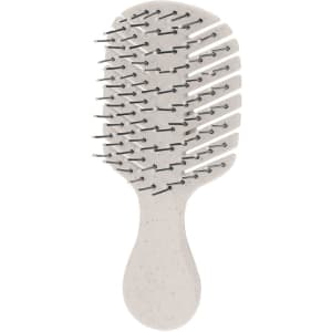 A white anti-tangle hairbrush with a contoured handle and flexible bristles, designed to reduce hair tangling.