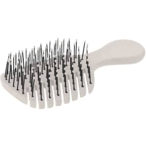 A hairbrush with a white handle and black bristles, designed to reduce tangling. Features a logo.