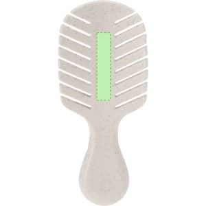 A hairbrush in a pale grey colour with a textured handle and wide-spaced bristles features a distinct logo.