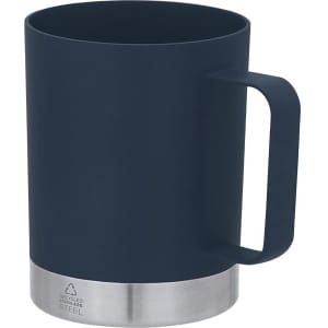 A navy blue coffee mug with a stainless steel base and a sturdy handle, featuring a logo on the surface.