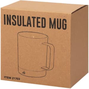 A coffee mug in a cardboard box, featuring a simple design and a handle. The mug is insulated and includes a logo.