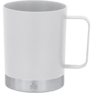 A white coffee mug with a stainless steel base and a sleek handle, featuring a logo on the bottom.