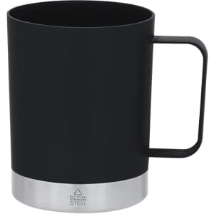 A black coffee mug with a stainless steel base and a sleek, minimalist design. It features a sturdy handle.