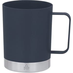A coffee mug in navy blue with a stainless steel base and a handle, featuring branding on the bottom.