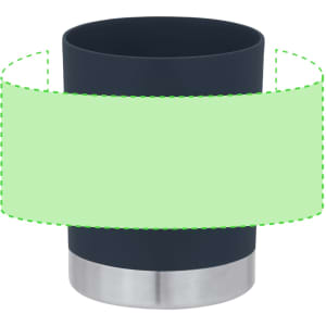 A navy blue coffee mug with a stainless steel base and a circular space for branding or designs.