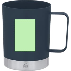 A navy blue coffee mug with a stainless steel base and a logo area, featuring a sturdy handle.