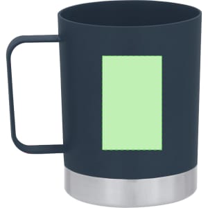 A navy blue coffee mug with a stainless steel base and a smooth handle. It has an empty rectangular space.