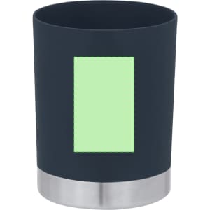 A coffee mug in navy blue with a stainless steel base and a blank green area for customisation.