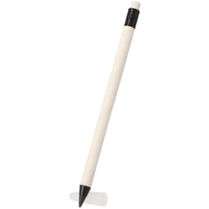 A grey-lead pencil with a white body and black end, featuring a simple design and a logo on the body.