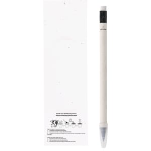 A grey lead pencil with a white body and a clear cap, accompanied by a plain packaging.