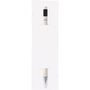 A grey-lead pencil in white packaging with a clear end and a logo on the upper section.