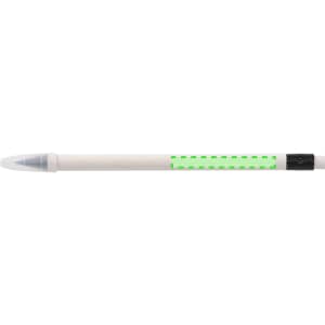 A grey-lead pencil with a transparent cap and a decorative green-striped design. It features a logo.