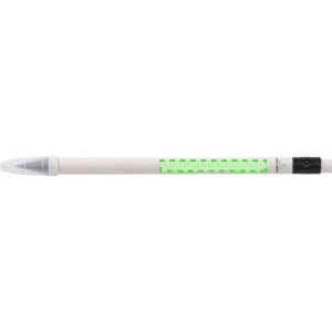 A grey-lead pencil with a white body and green detailing, featuring a clear cap and a branding logo.