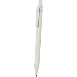 A pen featuring a white body with a textured design and a clip, includes branding on the surface.