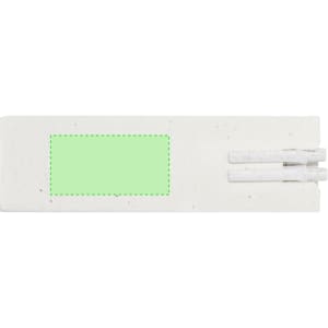 A white product package containing two dark pens, featuring a logo and a blank green label area.