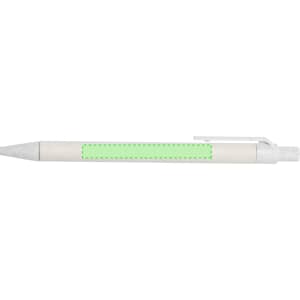 A white pen with a green dotted accent and a clip, featuring a logo on the body.