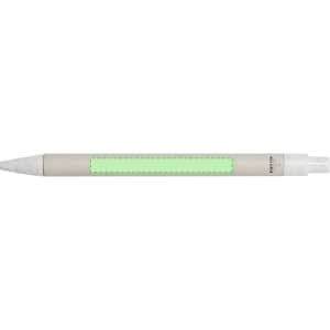 A green and grey pen with a textured barrel and a branding logo. It features a smooth writing tip.