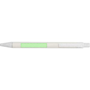A pen featuring a white body with a green accent and a clip. It has a smooth, pointed tip for writing.