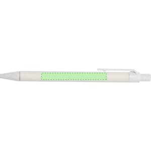 A white pen with a green accent and a clip, featuring a blank section for custom branding.