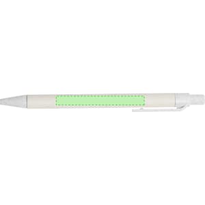 A white pen with a green accent and a clip for easy attachment. It features a blank area for custom branding.