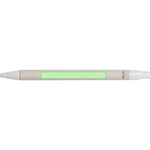 A pen in a light grey colour with a white tip, featuring a decorative logo.