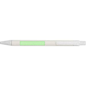 A white pen with a green section and a clip, featuring a branding logo.