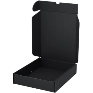 A black gift box with an open lid, featuring a clean, plain interior and a rectangular shape. It has a branding logo.