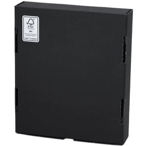 A black gift box with a flap closure and a logo on the side. The box has a smooth finish.