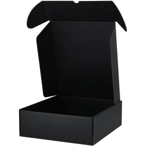 A black gift box with an open lid, showcasing a spacious interior for packaging items.