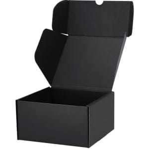 A black gift box with an open lid, designed for packaging products. Features a simple, sleek design.