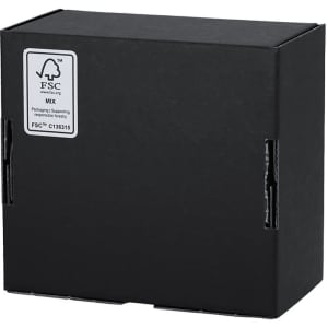A black gift box with a secure closure, featuring an FSC logo. Ideal for packaging products.