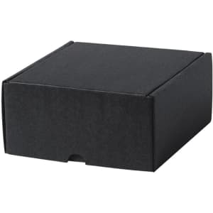 A black gift box with a fold-over lid and a small cut-out for easy opening. Features a plain design.