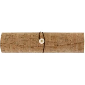 A cork roll-up case with a button closure, featuring a textured surface in natural tones.