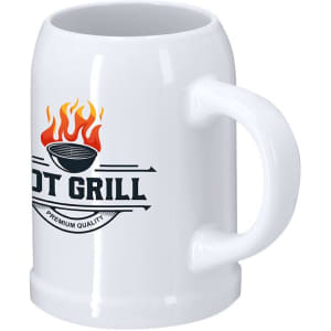 A drink bottle in white ceramic, featuring a handle and a grill logo with flames.
