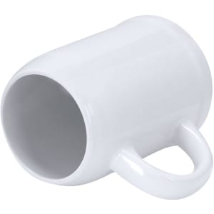 A white sublimation jug with a handle, featuring a glossy finish and a blank surface for custom designs.
